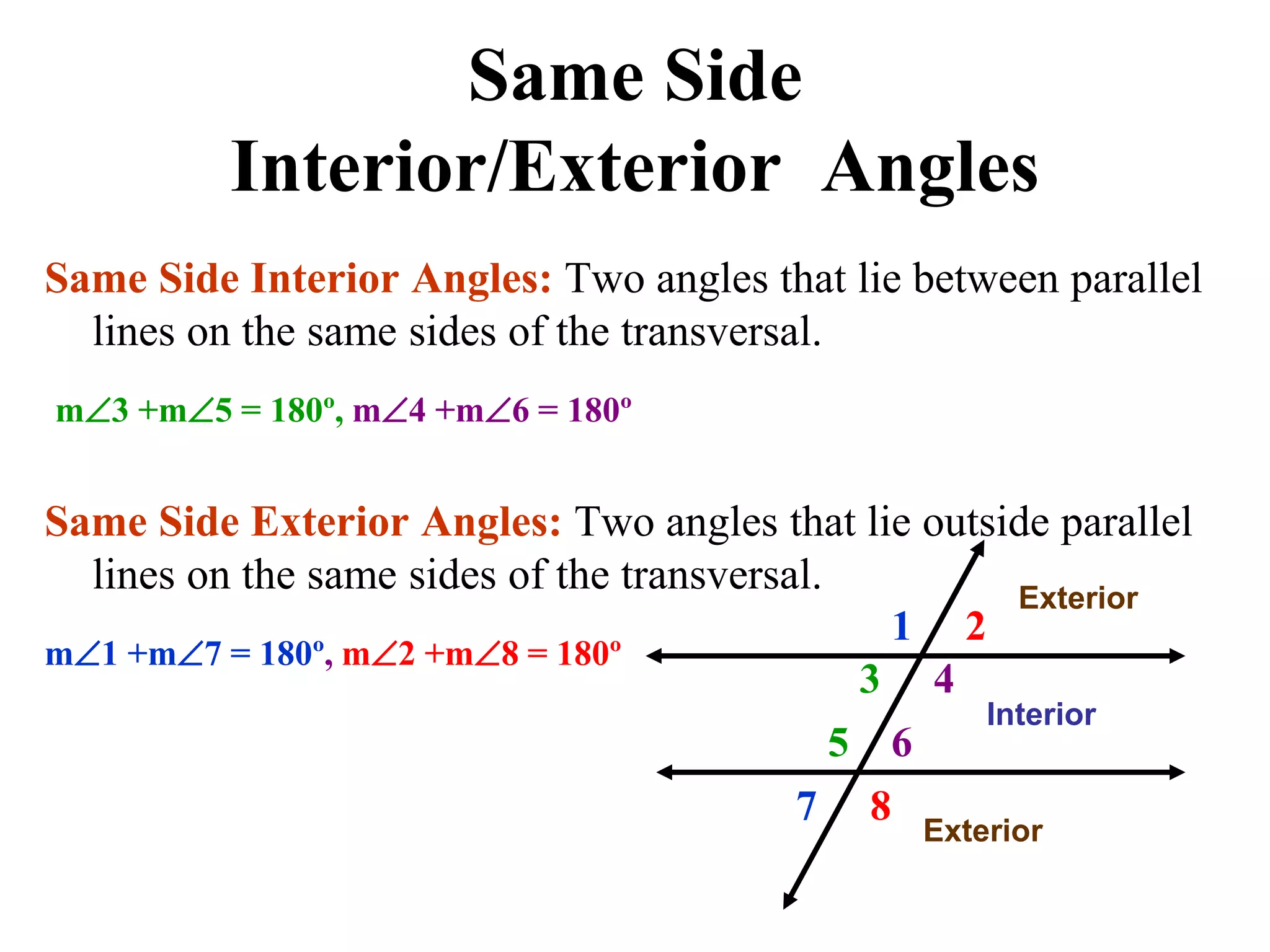 Same Side
Interior/Exterior Angles
Same Side Interior Angles: Two angles that lie between parallel
lines on the same sides of the transversal.
Same Side Exterior Angles: Two angles that lie outside parallel
lines on the same sides of the transversal.
m3 +m5 = 180º, m4 +m6 = 180º
m1 +m7 = 180º, m2 +m8 = 180º
1 2
3 4
5 6
7 8
Interior
Exterior
Exterior
 