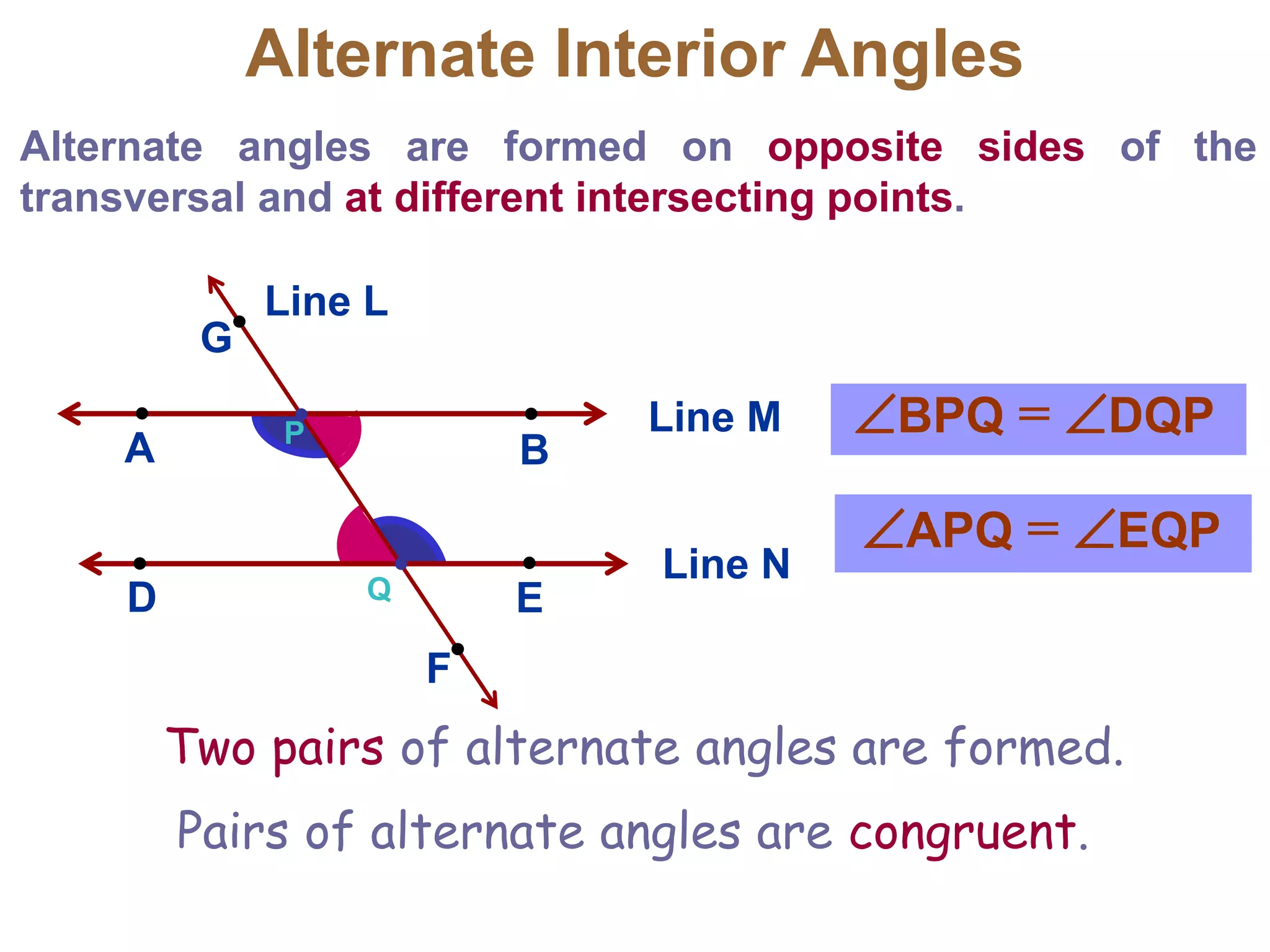 Alternate Interior Angles
Alternate angles are formed on opposite sides of the
transversal and at different intersecting points.
Line M
B
A
Line N
D E
L
P
Q
G
F
Line L
BPQ = DQP
APQ = EQP
Pairs of alternate angles are congruent.
Two pairs of alternate angles are formed.
 