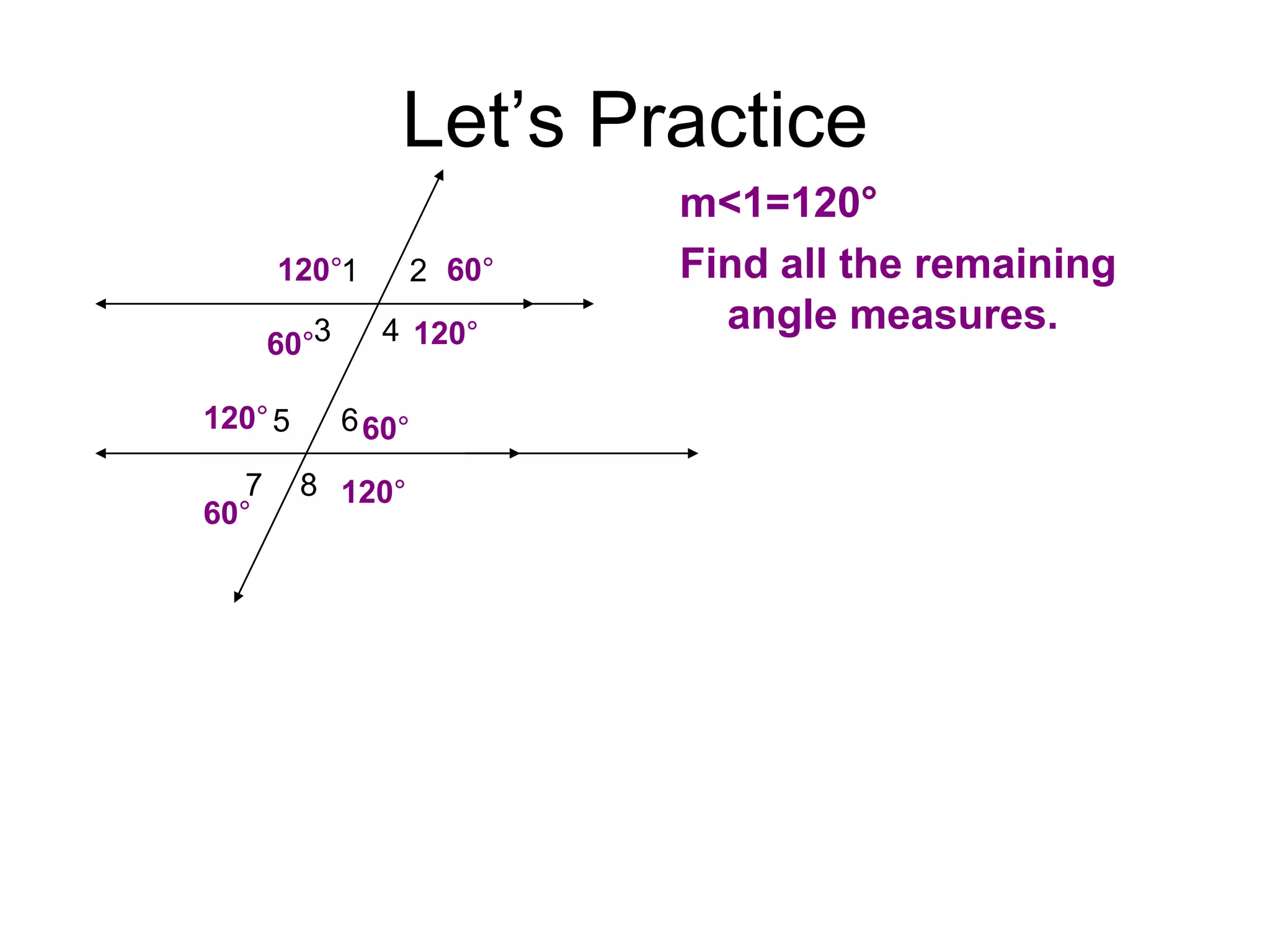 Let’s Practice
m<1=120°
Find all the remaining
angle measures.
1
4
2
6
5
7 8
3
60°
60°
60°
60°
120°
120°
120°
120°
 