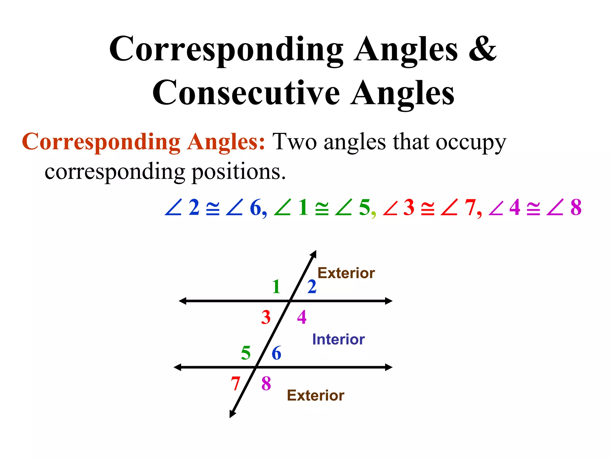Corresponding Angles &
Consecutive Angles
Corresponding Angles: Two angles that occupy
corresponding positions.
 2   6,  1   5,  3   7,  4   8
1 2
3 4
5 6
7 8
Interior
Exterior
Exterior
 
