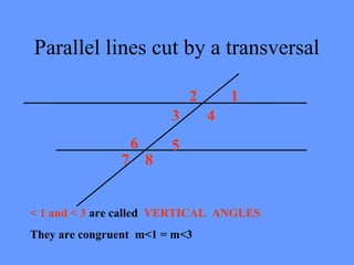 Parallel lines cut by a transversal
12
3 4
56
7 8
< 1 and < 3 are called VERTICAL ANGLES
They are congruent m<1 = m<3
 