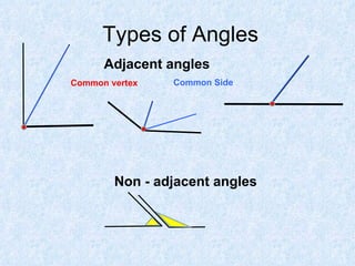 Types of Angles Common vertex Common Side Adjacent angles  Non - adjacent angles  