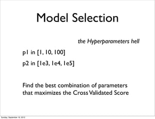 Model Selection
                                               the Hyperparameters hell
                       p1 in [1, 10, 100]
                       p2 in [1e3, 1e4, 1e5]


                       Find the best combination of parameters
                       that maximizes the Cross Validated Score


Sunday, September 16, 2012
 