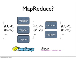 MapReduce?
                             mapper
      [                               [                    [
       (k1, v1),                       (k3, v3), reducer    (k5, v6),
       (k2, v2),             mapper    (k4, v4),            (k6, v6),
        ...                             ...      reducer     ...
      ]                               ]                    ]
                             mapper




Sunday, September 16, 2012
 