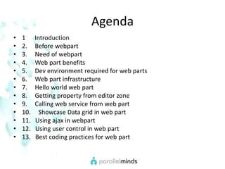 Agenda1      Introduction2.     Before webpart3.     Need of webpart4.     Web part benefits5.     Dev environment required for web parts6.     Web part infrastructure7.     Hello world web part8.     Getting property from editor zone9.     Calling web service from web part10.     Showcase Data grid in web part11.   Using ajax in webpart12.   Using user control in web part13.   Best coding practices for web part