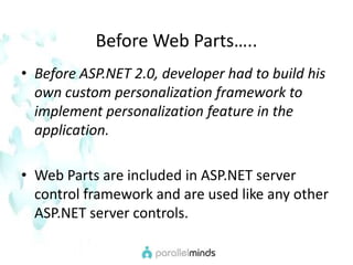 Before Web Parts…..Before ASP.NET 2.0, developer had to build his own custom personalization framework to implement personalization feature in the application.Web Parts are included in ASP.NET server control framework and are used like any other ASP.NET server controls. 
