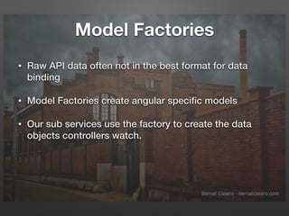 Model Factories
• Raw API data often not in the best format for data
binding
• Model Factories create angular speciﬁc models
• Our sub services use the factory to create the data
objects controllers watch.
 