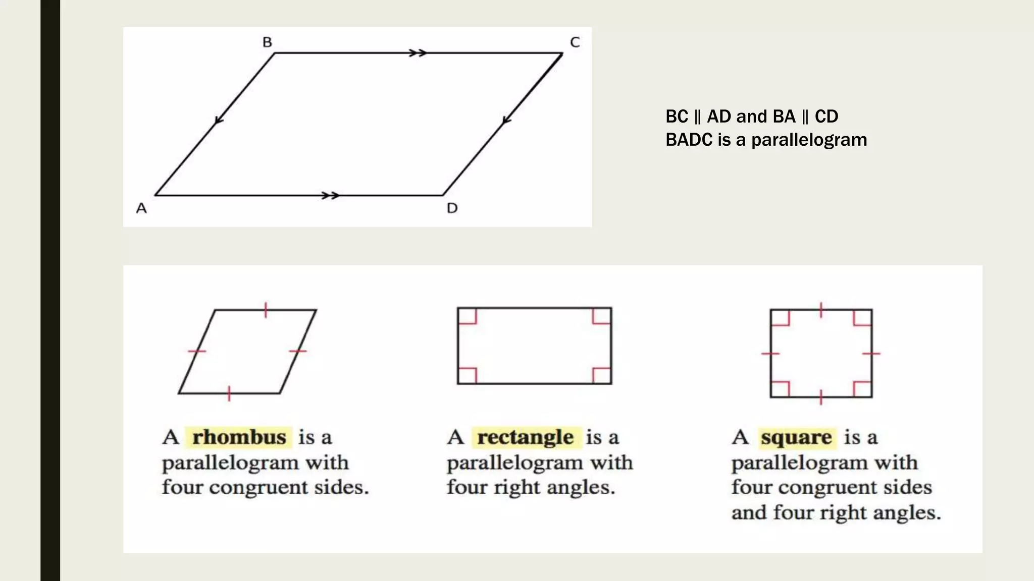 BC ∥ AD and BA ∥ CD
BADC is a parallelogram