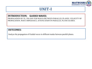 INTRODUCTION: GUIDED WAVES:
PROPAGATION OF TE, TM AND TEM WAVES BETWEEN PARALLEL PLANES. VELOCITY OF
PROPAGATION, WAVE IMPEDANCE, ATTENUATION IN PARALLEL PLANE GUIDES.
UNIT-I
OUTCOMES:
Analyze the propagation of Guided waves in different modes between parallel planes.
MATRUSRI
ENGINEERING COLLEGE
 