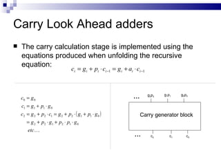 Carry Look Ahead adders
   The carry calculation stage is implemented using the
    equations produced when unfolding the recursive
    equation:
                                  ci = g i + pi ⋅ ci −1 = g i + ai ⋅ ci −1



                                                                             g2 p2   g1 p1   g0 p0
    c0 = g 0
    c1 = g1 + p1 ⋅ g 0
    c2 = g 2 + p2 ⋅ c1 = g 2 + p2 ⋅ ( g1 + p1 ⋅ g 0 )                  Carry generator block
       = g 2 + p2 ⋅ g1 + p2 ⋅ p1 ⋅ g 0
        etc 
                                                                               c2       c1      c0
 
