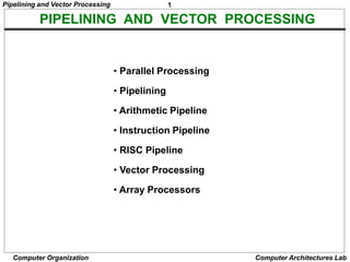 1
Pipelining and Vector Processing
Computer Organization Computer Architectures Lab
PIPELINING AND VECTOR PROCESSING
• Parallel Processing
• Pipelining
• Arithmetic Pipeline
• Instruction Pipeline
• RISC Pipeline
• Vector Processing
• Array Processors
 