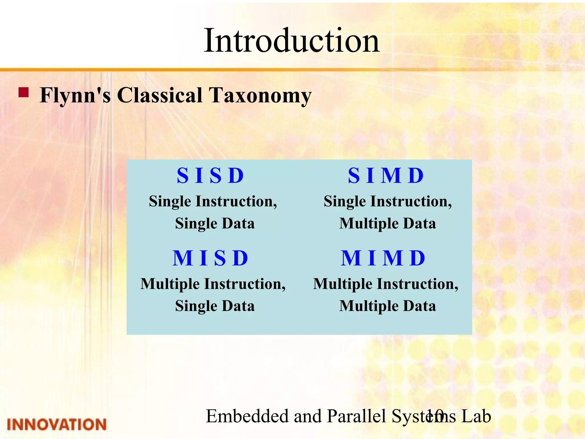 Embedded and Parallel Systems Lab 10 Introduction ■ Flynn's Classical Taxonomy M I M D Multiple Instruction, Multiple Data M I S D Multiple Instruction, Single Data S I M D Single Instruction, Multiple Data S I S D Single Instruction, Single Data 