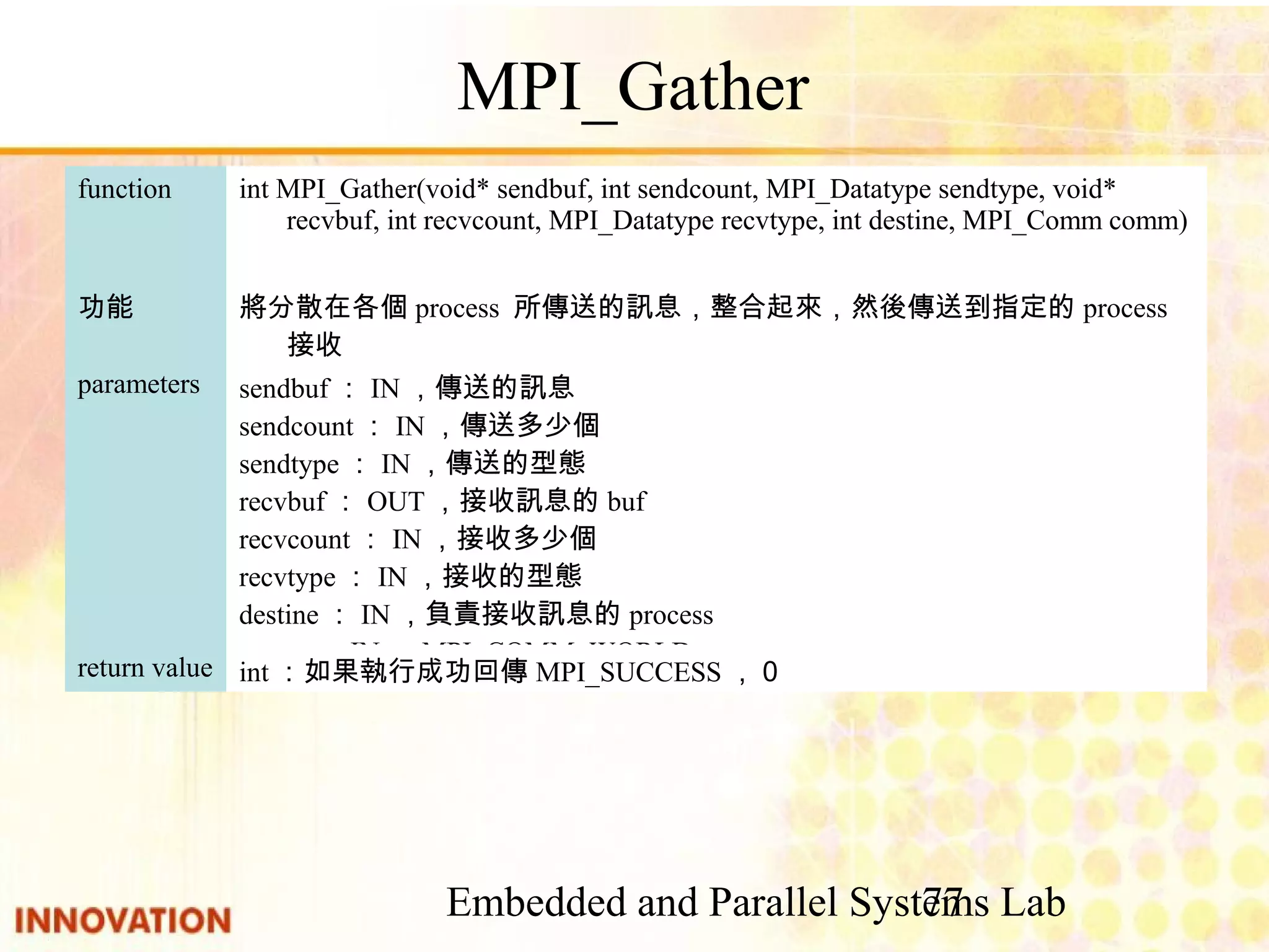 Embedded and Parallel Systems Lab 77 MPI_Gather int：如果執行成功回傳MPI_SUCCESS，０return value sendbuf：IN，傳送的訊息 sendcount：IN，傳送多少個 sendtype：IN，傳送的型態 recvbuf：OUT，接收訊息的buf recvcount：IN，接收多少個 recvtype：IN，接收的型態 destine：IN，負責接收訊息的process comm：IN，MPI_COMM_WORLD parameters 將分散在各個process 所傳送的訊息，整合起來，然後傳送到指定的process接收功能 int MPI_Gather(void* sendbuf, int sendcount, MPI_Datatype sendtype, void* recvbuf, int recvcount, MPI_Datatype recvtype, int destine, MPI_Comm comm) function 
