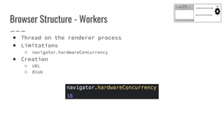 ● Thread on the renderer process
● Limitations
○ navigator.hardwareConcurrency
● Creation
○ URL
○ Blob
Browser Structure - Workers
 