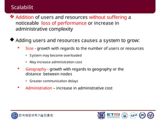  Addition of users and resources without suffering a
noticeable loss of performance or increase in
administrative complexity
 Adding users and resources causes a system to grow:
 Size - growth with regards to the number of users or resources
• System may become overloaded
• May increase administration cost
 Geography - growth with regards to geography or the
distance between nodes
• Greater communication delays
 Administration – increase in administrative cost
한국해양과학기술진흥원
Scalabilit
y
 