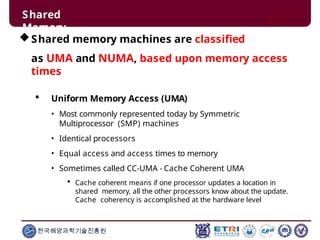 Shared memory machines are classified
as UMA and NUMA, based upon memory access
times
 Uniform Memory Access (UMA)
• Most commonly represented today by Symmetric
Multiprocessor (SMP) machines
• Identical processors
• Equal access and access times to memory
• Sometimes called CC-UMA - Cache Coherent UMA
 Cache coherent means if one processor updates a location in
shared memory, all the other processors know about the update.
Cache coherency is accomplished at the hardware level
한국해양과학기술진흥원
Shared
Memory
 