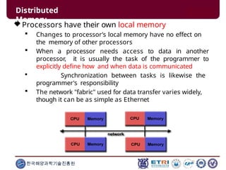 Processors have their own local memory
 Changes to processor’s local memory have no effect on
the memory of other processors
 When a processor needs access to data in another
processor, it is usually the task of the programmer to
explicitly define how and when data is communicated
 Synchronization between tasks is likewise the
programmer's responsibility
 The network "fabric" used for data transfer varies widely,
though it can be as simple as Ethernet
Distributed
Memory
한국해양과학기술진흥원
 