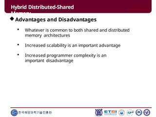 Advantages and Disadvantages
 Whatever is common to both shared and distributed
memory architectures
 Increased scalability is an important advantage
 Increased programmer complexity is an
important disadvantage
한국해양과학기술진흥원
Hybrid Distributed-Shared
Memory
 