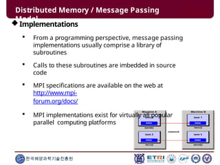 Distributed Memory / Message Passing
Model
Implementations
 From a programming perspective, message passing
implementations usually comprise a library of
subroutines
 Calls to these subroutines are imbedded in source
code
 MPI specifications are available on the web at
http://www.mpi-
forum.org/docs/
 MPI implementations exist for virtually all popular
parallel computing platforms
한국해양과학기술진흥원
 