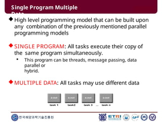 Single Program Multiple
Data
High level programming model that can be built upon
any combination of the previously mentioned parallel
programming models
SINGLE PROGRAM: All tasks execute their copy of
the same program simultaneously.
 This program can be threads, message passing, data
parallel or
hybrid.
MULTIPLE DATA: All tasks may use different data
한국해양과학기술진흥원
 