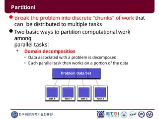 Break the problem into discrete "chunks" of work that
can be distributed to multiple tasks
Two basic ways to partition computational work
among
parallel tasks:
 Domain decomposition
• Data associated with a problem is decomposed
• Each parallel task then works on a portion of the data
Partitioni
ng
한국해양과학기술진흥원
 