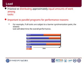  Practice of distributing approximately equal amounts of work
among
tasks
 Important to parallel programs for performance reasons
 For example, if all tasks are subject to a barrier synchronization point, the
slowest
task will determine the overall performance.
Load
Balancing
한국해양과학기술진흥원
 