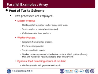 Pool of Tasks Scheme
 Two processes are employed
• Master Process
• Holds pool of tasks for worker processes to do
• Sends worker a task when requested
• Collects results from workers
• Worker Process
• Gets task from master process
• Performs computation
• Sends results to master
• Worker processes do not know before runtime which portion of array
they will handle or how many tasks they will perform
• Dynamic load balancing occurs at run time
• the faster tasks will get more work to do
한국해양과학기술진흥원
Parallel Examples : Array
Processing
 