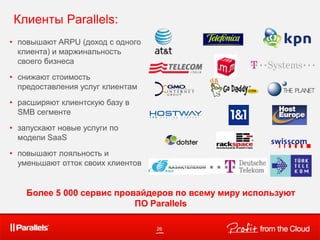 26
• повышают ARPU (доход с одного
клиента) и маржинальность
своего бизнеса
• снижают стоимость
предоставления услуг клиентам
• расширяют клиентскую базу в
SMB сегменте
• запускают новые услуги по
модели SaaS
• повышают лояльность и
уменьшают отток своих клиентов
Более 5 000 сервис провайдеров по всему миру используют
ПО Parallels
Клиенты Parallels:
 