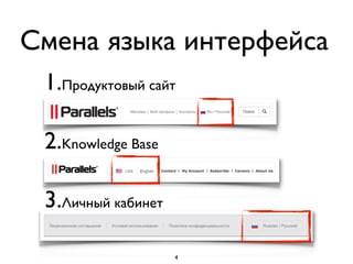 1.Продуктовый сайт 
 
2.Knowledge Base 
 
3.Личный кабинет
Смена языка интерфейса
4
 
