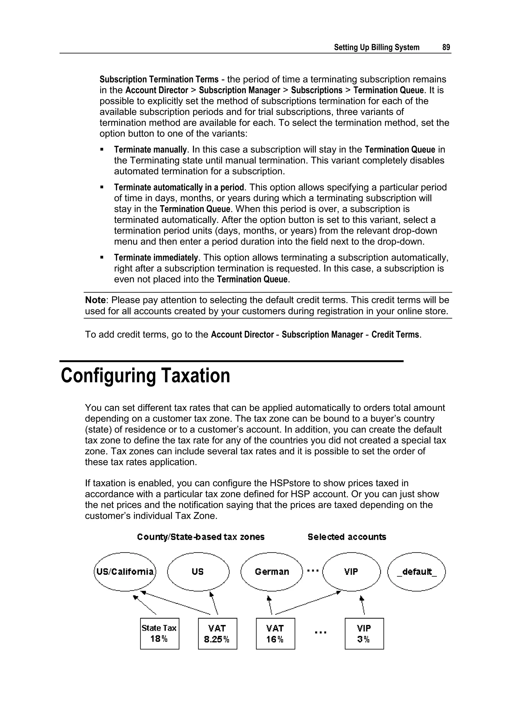 Setting Up Billing System   89


     Subscription Termination Terms - the period of time a terminating subscription remains
     in the Account Director > Subscription Manager > Subscriptions > Termination Queue. It is
     possible to explicitly set the method of subscriptions termination for each of the
     available subscription periods and for trial subscriptions, three variants of
     termination method are available for each. To select the termination method, set the
     option button to one of the variants:
        Terminate manually. In this case a subscription will stay in the Termination Queue in
         the Terminating state until manual termination. This variant completely disables
         automated termination for a subscription.
        Terminate automatically in a period. This option allows specifying a particular period
         of time in days, months, or years during which a terminating subscription will
         stay in the Termination Queue. When this period is over, a subscription is
         terminated automatically. After the option button is set to this variant, select a
         termination period units (days, months, or years) from the relevant drop-down
         menu and then enter a period duration into the field next to the drop-down.
        Terminate immediately. This option allows terminating a subscription automatically,
         right after a subscription termination is requested. In this case, a subscription is
         even not placed into the Termination Queue.

  Note: Please pay attention to selecting the default credit terms. This credit terms will be
  used for all accounts created by your customers during registration in your online store.

  To add credit terms, go to the Account Director - Subscription Manager - Credit Terms.



Configuring Taxation
  You can set different tax rates that can be applied automatically to orders total amount
  depending on a customer tax zone. The tax zone can be bound to a buyer‟s country
  (state) of residence or to a customer‟s account. In addition, you can create the default
  tax zone to define the tax rate for any of the countries you did not created a special tax
  zone. Tax zones can include several tax rates and it is possible to set the order of
  these tax rates application.

  If taxation is enabled, you can configure the HSPstore to show prices taxed in
  accordance with a particular tax zone defined for HSP account. Or you can just show
  the net prices and the notification saying that the prices are taxed depending on the
  customer‟s individual Tax Zone.
 