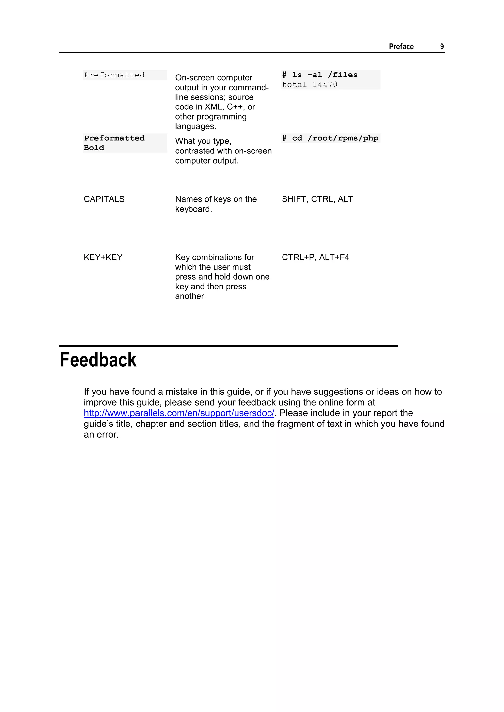 Preface      9


  Preformatted           On-screen computer          # ls –al /files
                         output in your command-     total 14470
                         line sessions; source
                         code in XML, C++, or
                         other programming
                         languages.
  Preformatted           What you type,              # cd /root/rpms/php
  Bold                   contrasted with on-screen
                         computer output.



  CAPITALS               Names of keys on the        SHIFT, CTRL, ALT
                         keyboard.




  KEY+KEY                Key combinations for        CTRL+P, ALT+F4
                         which the user must
                         press and hold down one
                         key and then press
                         another.




Feedback
  If you have found a mistake in this guide, or if you have suggestions or ideas on how to
  improve this guide, please send your feedback using the online form at
  http://www.parallels.com/en/support/usersdoc/. Please include in your report the
  guide‟s title, chapter and section titles, and the fragment of text in which you have found
  an error.
 