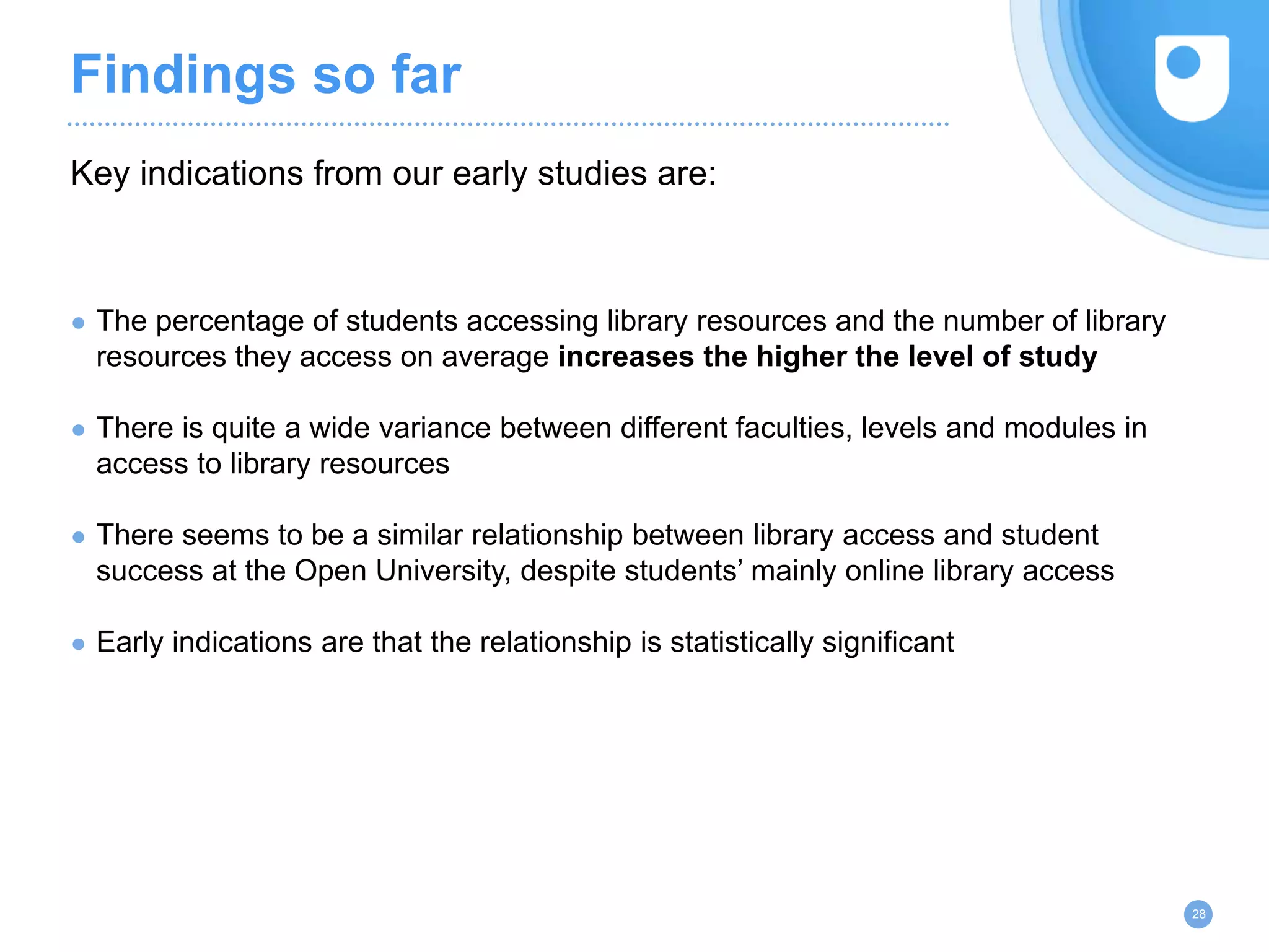 Findings so far
● The percentage of students accessing library resources and the number of library
resources they access on average increases the higher the level of study
● There is quite a wide variance between different faculties, levels and modules in
access to library resources
● There seems to be a similar relationship between library access and student
success at the Open University, despite students’ mainly online library access
● Early indications are that the relationship is statistically significant
Key indications from our early studies are:
28
 