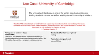 24
Use Case: University of Cambridge
The University of Cambridge is one of the world's oldest universities and
leading academic centers, as well as a self-governed community of scholars.
"Parallels RAS makes it simple for our IT admins to support any device that students and teachers prefer to use,
and saves us hours of setup time. The Parallels RAS mobile client for iOS and Android enables our students and
teachers to be truly productive on the go or at home.”
– Paul Miller, Head of IT
Primary reason customer chose
Parallels RAS:
Ease of use and seamless mobile experience. University of
Cambridge was looking for a streamlined application delivery and
VDI solution that provided a consistent mobile experience.
Solution that Parallels RAS replaced:
Nothing
Applications being delivered:
Microsoft Office
 