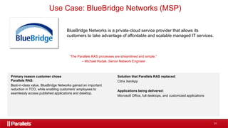 31
BlueBridge Networks is a private-cloud service provider that allows its
customers to take advantage of affordable and scalable managed IT services.
“The Parallels RAS processes are streamlined and simple.”
– Michael Hudak, Senior Network Engineer
Primary reason customer chose
Parallels RAS:
Best-in-class value. BlueBridge Networks gained an important
reduction in TCO, while enabling customers’ employees to
seamlessly access published applications and desktop.
Solution that Parallels RAS replaced:
Citrix XenApp
Applications being delivered:
Microsoft Office, full desktops, and customized applications
Use Case: BlueBridge Networks (MSP)
 