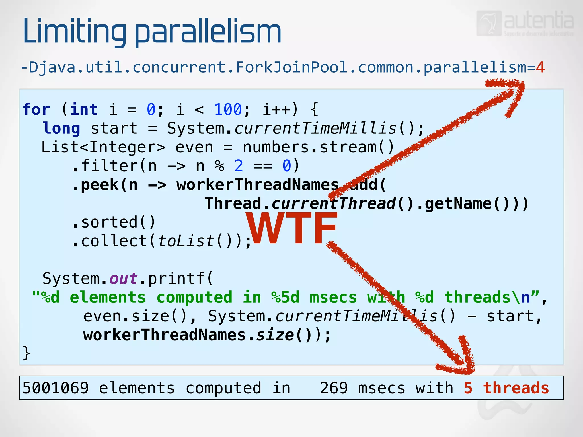 Limiting parallelism
for (int i = 0; i < 100; i++) { 
long start = System.currentTimeMillis(); 
List<Integer> even = numbers.stream() 
.filter(n -> n % 2 == 0) 
.peek(n -> workerThreadNames.add(
Thread.currentThread().getName())) 
.sorted() 
.collect(toList()); 
 
System.out.printf(
"%d elements computed in %5d msecs with %d threadsn”, 
even.size(), System.currentTimeMillis() - start,
workerThreadNames.size()); 
}
-­‐Djava.util.concurrent.ForkJoinPool.common.parallelism=4
5001069 elements computed in 269 msecs with 5 threads
WTF
 