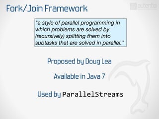 Fork/Join Framework
Proposed by Doug Lea
"a style of parallel programming in
which problems are solved by
(recursively) splitting them into
subtasks that are solved in parallel."
Available in Java 7
Used by ParallelStreams
 