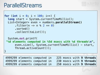 ParallellStreams
for (int i = 0; i < 100; i++) { 
long start = System.currentTimeMillis(); 
List<Integer> even = numbers.parallelStream() 
.filter(n -> n % 2 == 0) 
.sorted() 
.collect(toList());
 
System.out.printf(
"%d elements computed in %5d msecs with %d threadsn”, 
even.size(), System.currentTimeMillis() - start,
Thread.activeCount()); 
}
4999299 elements computed in 225 msecs with 9 threads
4999299 elements computed in 230 msecs with 9 threads
4999299 elements computed in 250 msecs with 9 threads
 