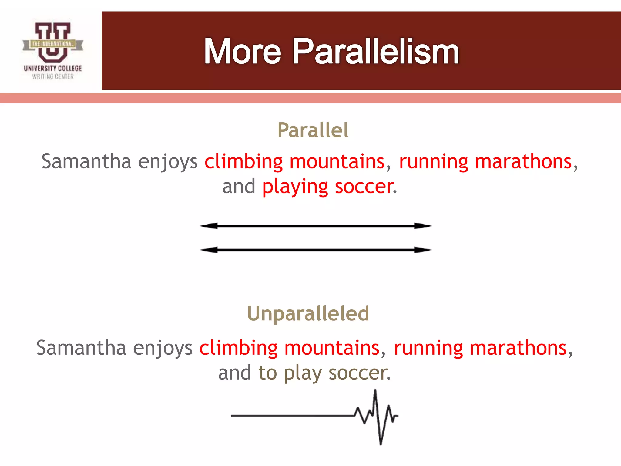 Unparalleled
Samantha enjoys climbing mountains, running marathons,
and to play soccer.
Parallel
Samantha enjoys climbing mountains, running marathons,
and playing soccer.
 