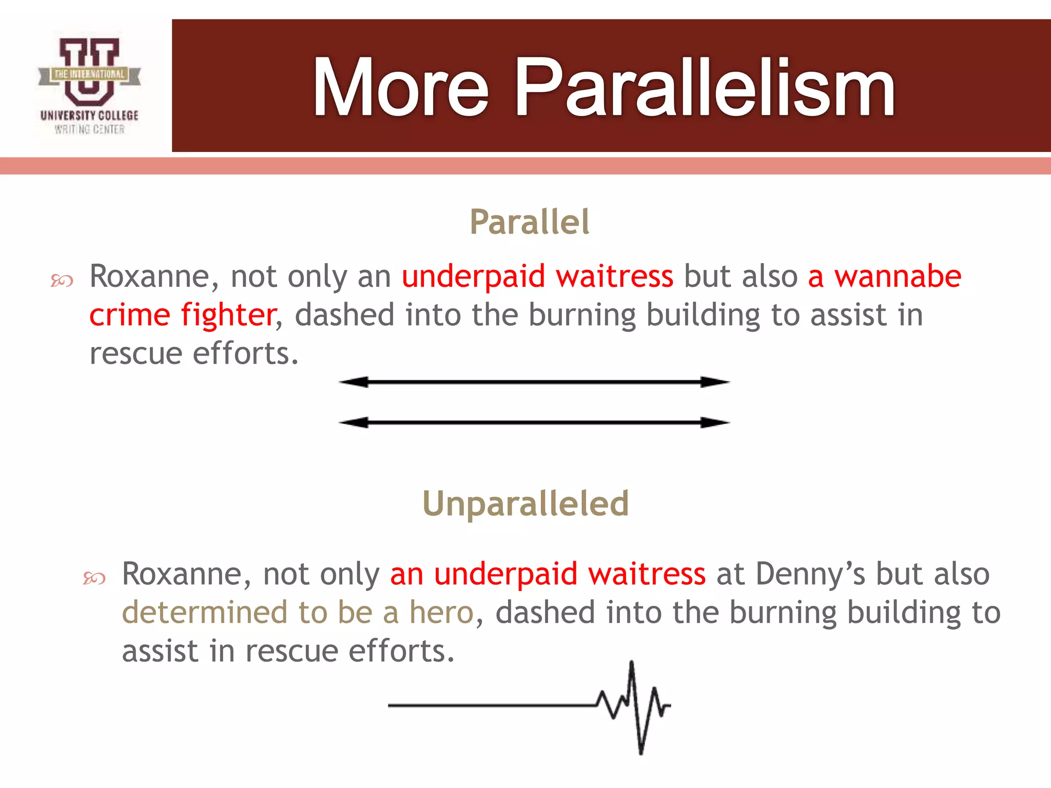 Unparalleled
Parallel
 Roxanne, not only an underpaid waitress but also a wannabe
crime fighter, dashed into the burning building to assist in
rescue efforts.
 Roxanne, not only an underpaid waitress at Denny’s but also
determined to be a hero, dashed into the burning building to
assist in rescue efforts.
 