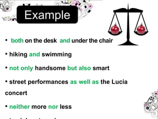 • both on the desk and under the chair
• hiking and swimming
• not only handsome but also smart
• street performances as well as the Lucia
concert
• neither more nor less
Example