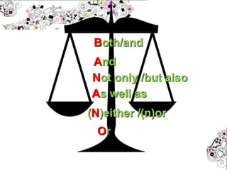 And
Or
Both/and
(N)either /(n)or
Not only /but also
As well as