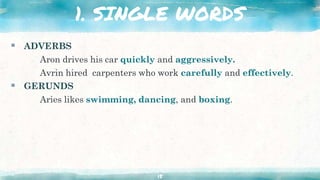 1. SINGLE WORDS
15
 ADVERBS
Aron drives his car quickly and aggressively.
Avrin hired carpenters who work carefully and effectively.
 GERUNDS
Aries likes swimming, dancing, and boxing.
 