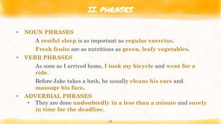 II. PHRASES
 NOUN PHRASES
A restful sleep is as important as regular exercise.
Fresh fruits are as nutritious as green, leafy vegetables.
 VERB PHRASES
As soon as I arrived home, I took my bicycle and went for a
ride.
Before Jake takes a bath, he usually cleans his ears and
massage his face.
 ADVERBIAL PHRASES
 They are done undoubtedly in a less than a minute and surely
in time for the deadline.
17
 