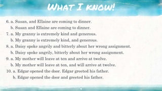 What I know!
6. a. Susan, and Ellaine are coming to dinner.
b. Susan and Ellaine are coming to dinner.
7. a. My granny is extremely kind and generous.
b. My granny is extremely kind, and generous.
8. a. Daisy spoke angrily and bitterly about her wrong assignment.
b. Daisy spoke angrily, bitterly about her wrong assignment.
9. a. My mother will leave at ten and arrive at twelve.
b. My mother will leave at ten, and will arrive at twelve.
10. a. Edgar opened the door. Edgar greeted his father.
b. Edgar opened the door and greeted his father.
9
 