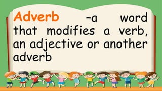 –a word
that modifies a verb,
an adjective or another
adverb
Adverb
 
