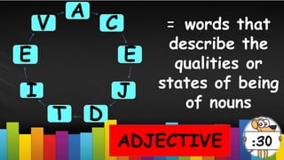 = words that
describe the
qualities or
states of being
of nouns
ADJECTIVE
A
C
E
J
D
T
I
E
V
 