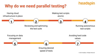 Why do we need parallel testing?
Having cloud
infrastructure in place
Reviewing and optimizing
the test suite
Making test scripts
atomic
Running autonomous
test scripts
Focusing on data
management
Ensuring desired
speed of tests
Avoiding hard code
values
1 2 3 4
5 6 7
© 2022 HeadSpin. All Rights Reserved
Why do we need parallel testing?
 