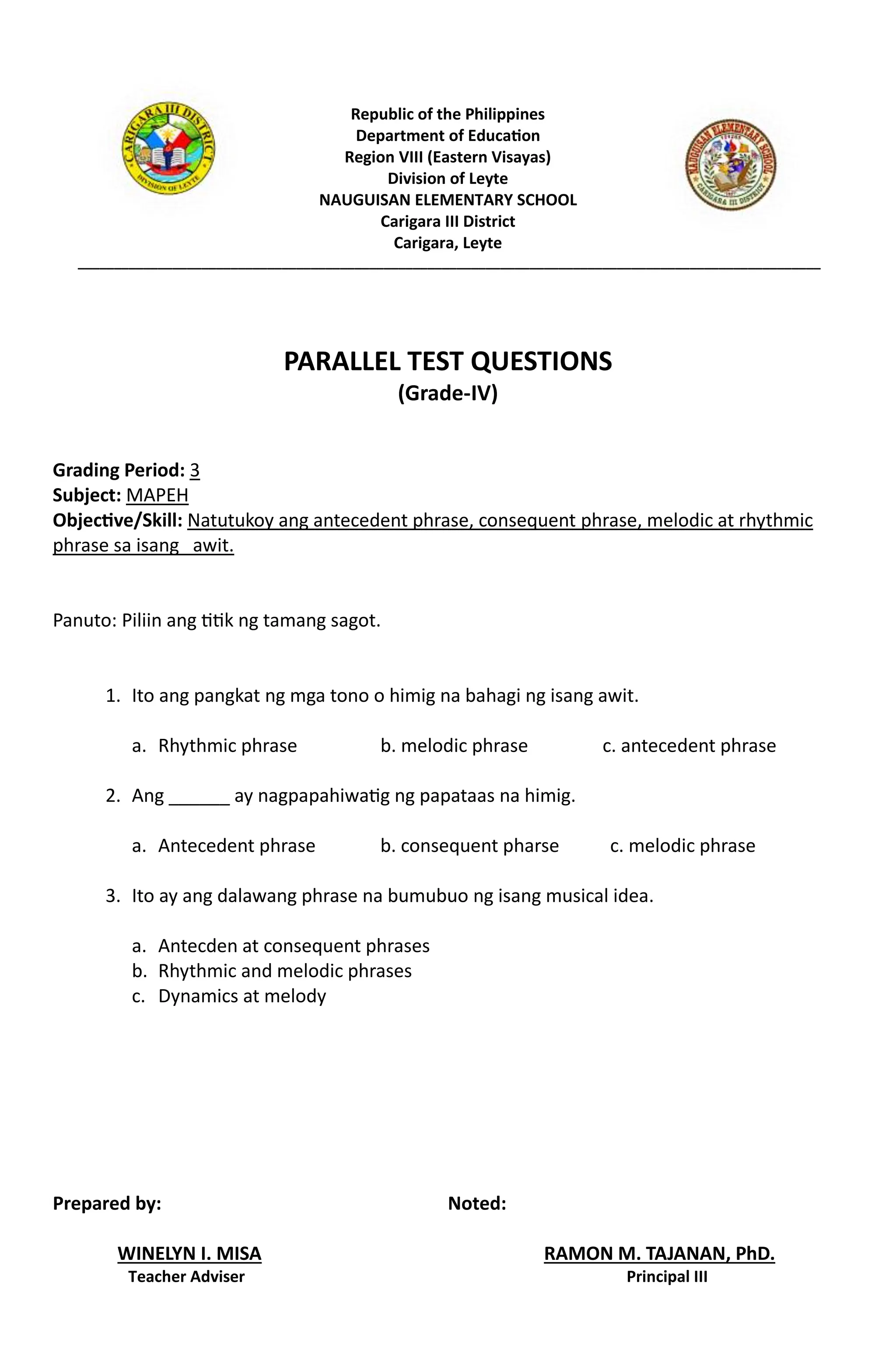 Republic of the Philippines
Department of Education
Region VIII (Eastern Visayas)
Division of Leyte
NAUGUISAN ELEMENTARY SCHOOL
Carigara III District
Carigara, Leyte
______________________________________________________________________________________________________
PARALLEL TEST QUESTIONS
(Grade-IV)
Grading Period: 3
Subject: MAPEH
Objective/Skill: Natutukoy ang antecedent phrase, consequent phrase, melodic at rhythmic
phrase sa isang awit.
Panuto: Piliin ang titik ng tamang sagot.
1. Ito ang pangkat ng mga tono o himig na bahagi ng isang awit.
a. Rhythmic phrase b. melodic phrase c. antecedent phrase
2. Ang ______ ay nagpapahiwatig ng papataas na himig.
a. Antecedent phrase b. consequent pharse c. melodic phrase
3. Ito ay ang dalawang phrase na bumubuo ng isang musical idea.
a. Antecden at consequent phrases
b. Rhythmic and melodic phrases
c. Dynamics at melody
Prepared by: Noted:
WINELYN I. MISA RAMON M. TAJANAN, PhD.
Teacher Adviser Principal III
 