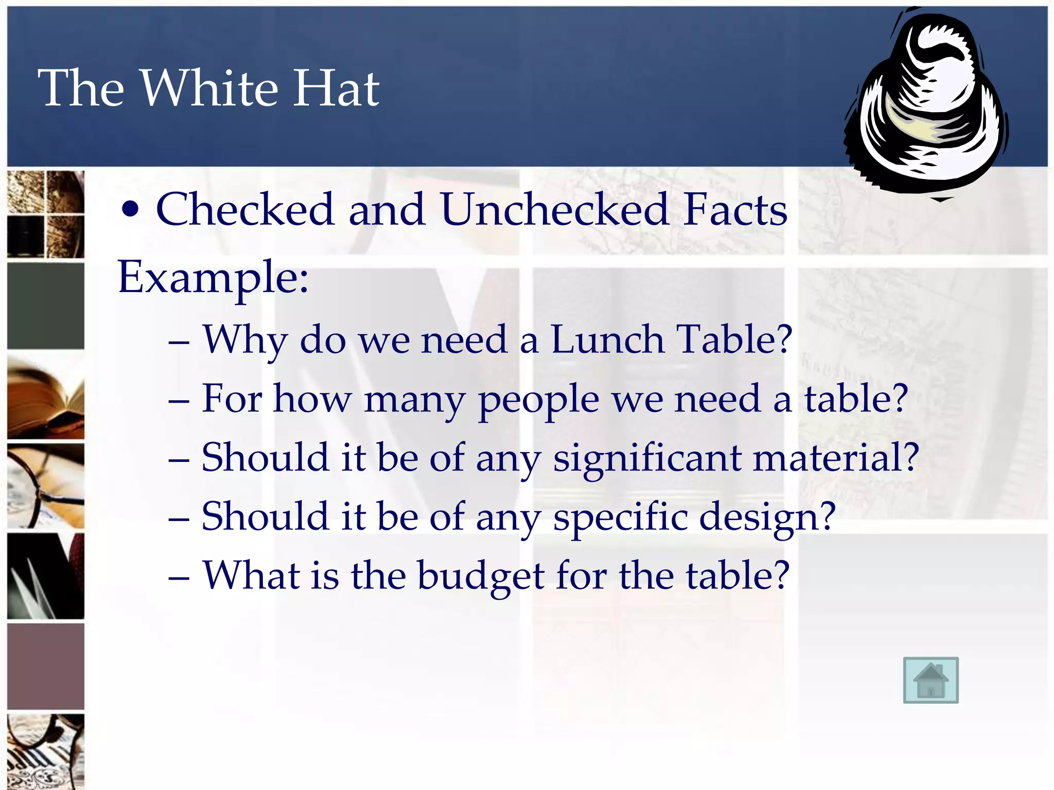 The White Hat

  • Checked and Unchecked Facts
  Example:
    –   Why do we need a Lunch Table?
    –   For how many people we need a table?
    –   Should it be of any significant material?
    –   Should it be of any specific design?
    –   What is the budget for the table?
 