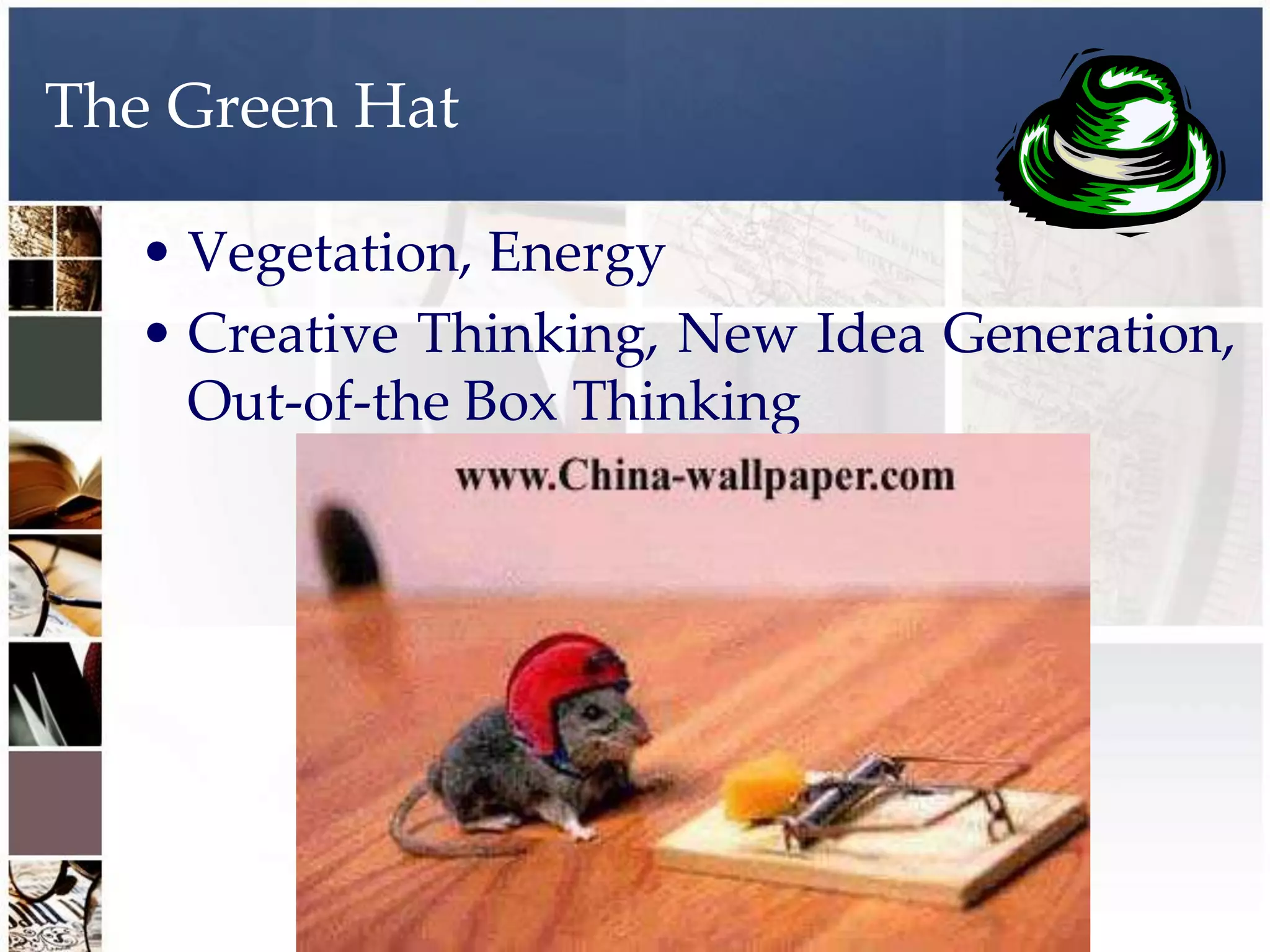 The Green Hat

  • Vegetation, Energy
  • Creative Thinking, New Idea Generation,
    Out-of-the Box Thinking
 